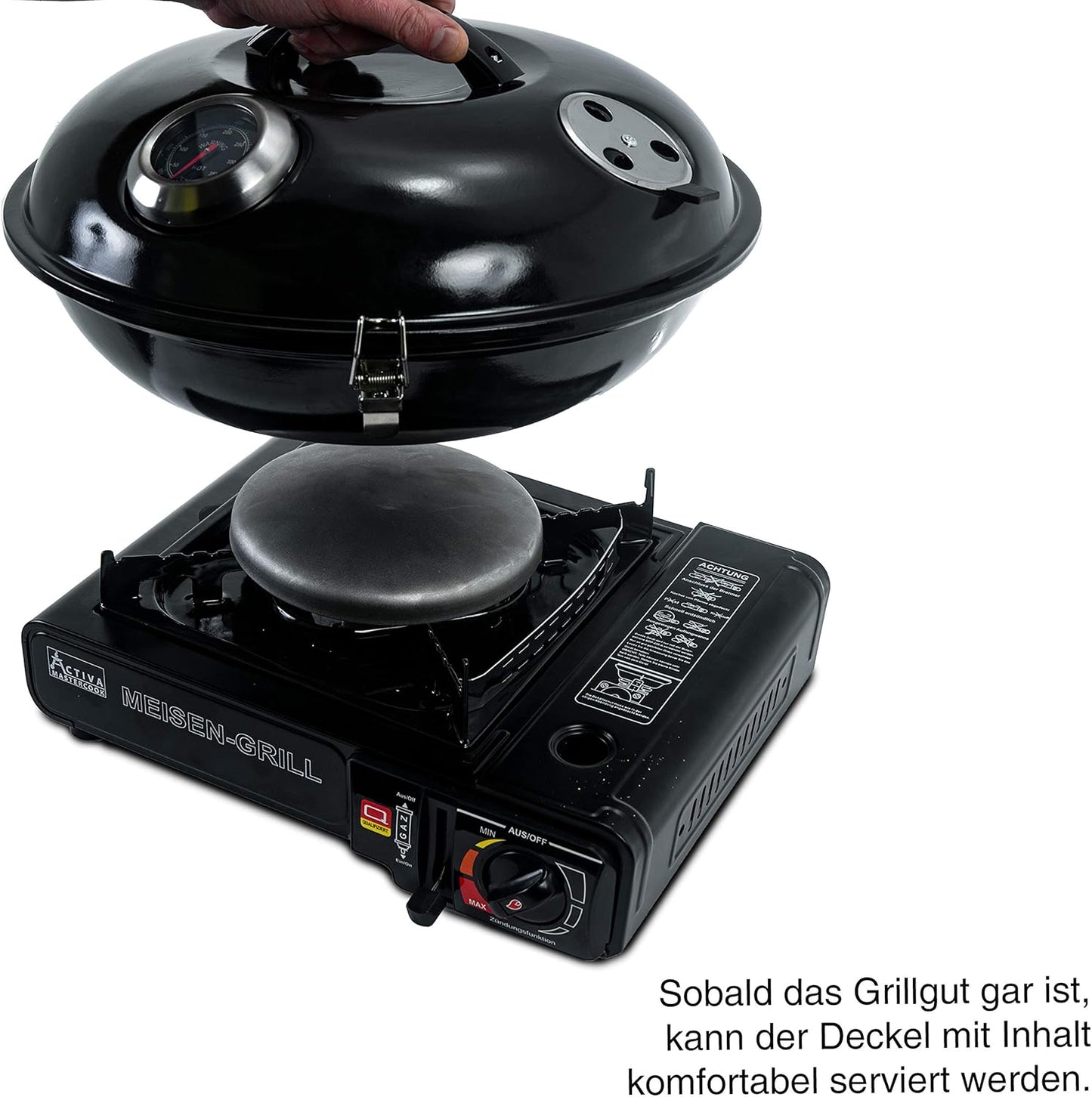 ACTIVA Meisen Gaskocher I Campingkocher inkl. Grilltopf & Tragekoffer I Premium Gasgrill klein - Leistungsstark & vielseitig einsetzbar