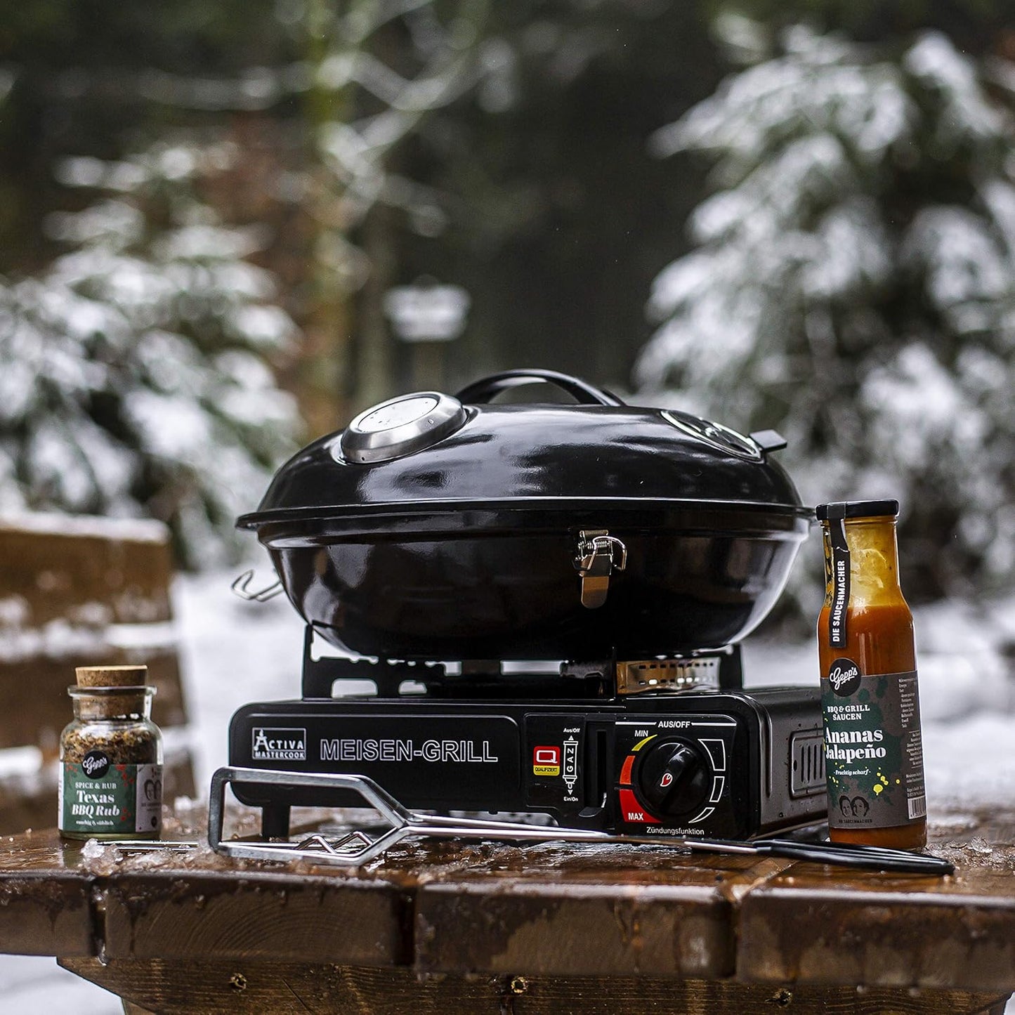 ACTIVA Meisen Gaskocher I Campingkocher inkl. Grilltopf & Tragekoffer I Premium Gasgrill klein - Leistungsstark & vielseitig einsetzbar
